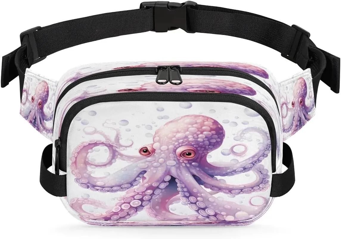 Cute Bubble Octopus Men's and Women's Waist Pack Crossbody Watercolor Octopus Waist Pack Running Strap, Adjustable Shoulder Strap - For Hiking and Running Exercise Fitness