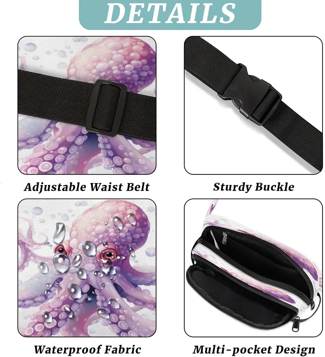 Cute Bubble Octopus Men's and Women's Waist Pack Crossbody Watercolor Octopus Waist Pack Running Strap, Adjustable Shoulder Strap - For Hiking and Running Exercise Fitness