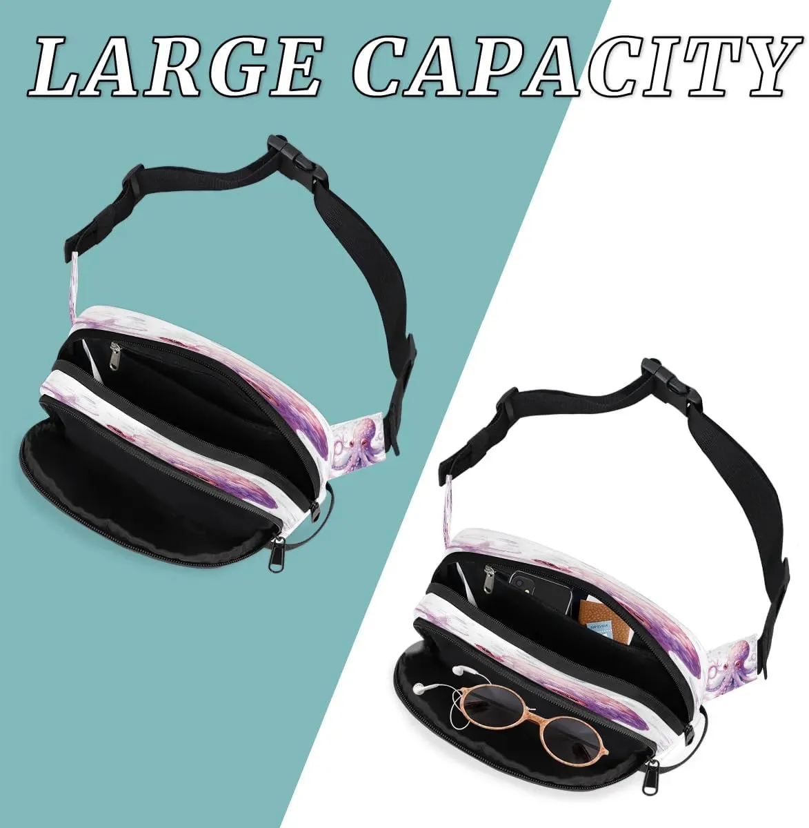 Cute Bubble Octopus Men's and Women's Waist Pack Crossbody Watercolor Octopus Waist Pack Running Strap, Adjustable Shoulder Strap - For Hiking and Running Exercise Fitness