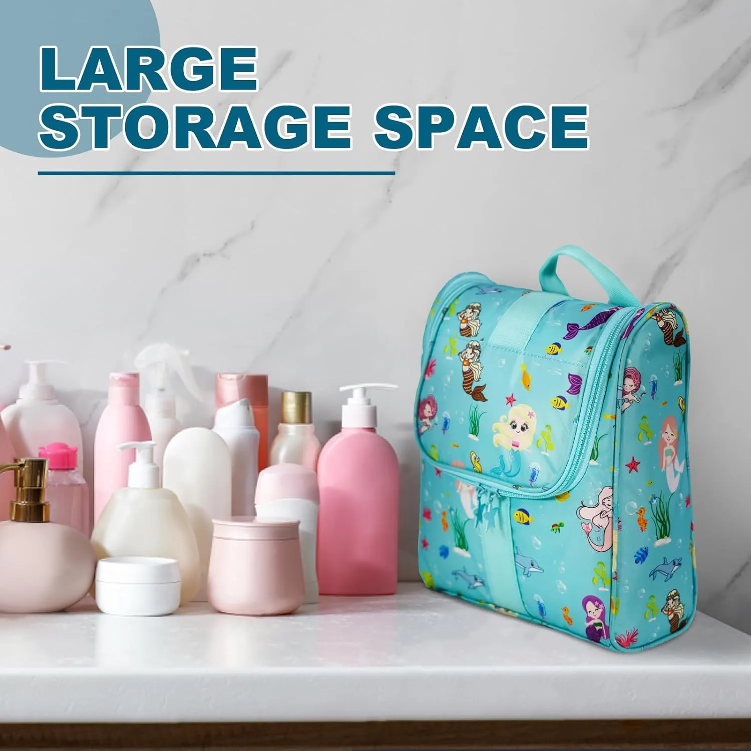 Cute Cartoon Hanging Kids Toiletry Bag Children Travel Cosmetic Makeup Organizer Wash Bag Shower bag Over Night Bag Camping Shaving Kit Bag for Boys & Girls (Mermaid)