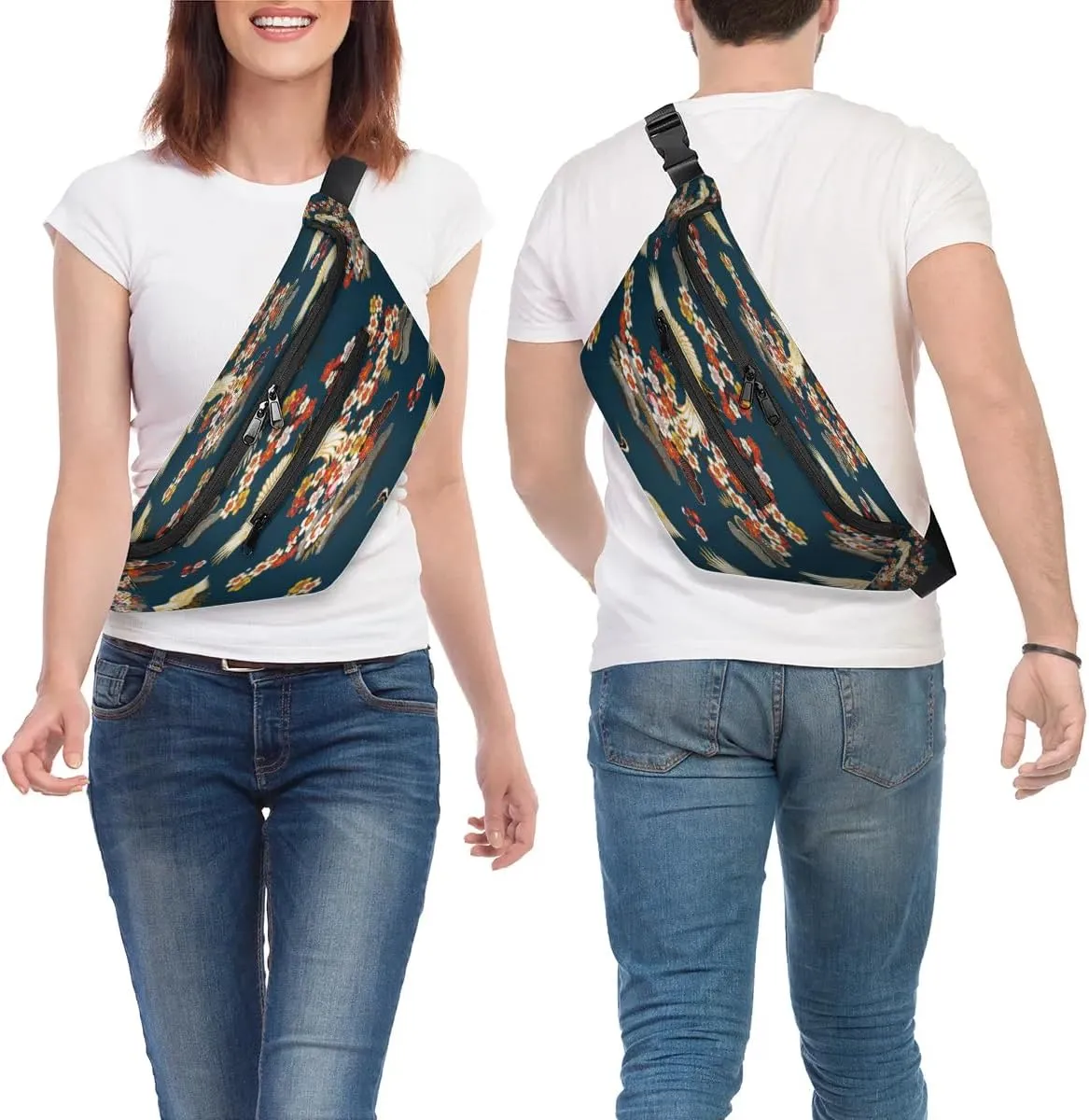 Cute Crane Flower Crossbody Sling Bag for Women Men Crossbody Backpack with 4 Zipper Pockets Fanny Pack Shoulder Casual Daypack for Travel Running Hiking Cycling