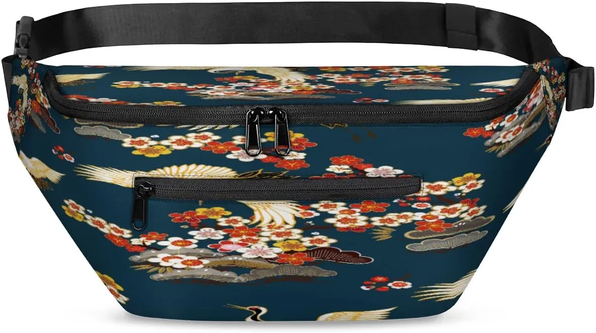 Cute Crane Flower Crossbody Sling Bag for Women Men Crossbody Backpack with 4 Zipper Pockets Fanny Pack Shoulder Casual Daypack for Travel Running Hiking Cycling