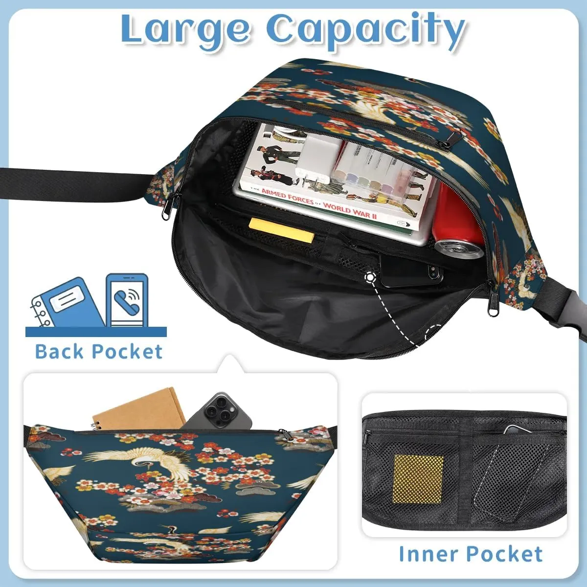 Cute Crane Flower Crossbody Sling Bag for Women Men Crossbody Backpack with 4 Zipper Pockets Fanny Pack Shoulder Casual Daypack for Travel Running Hiking Cycling