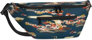 Cute Crane Flower Crossbody Sling Bag for Women Men Crossbody Backpack with 4 Zipper Pockets Fanny Pack Shoulder Casual Daypack for Travel Running Hiking Cycling