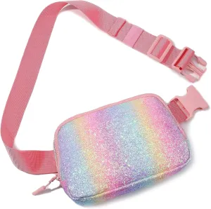 Cute Fanny Pack for Girls, Kids Belt Bag Teen Girls Crossbody Waist Bag Gift (Pink Glitter Rainbow)
