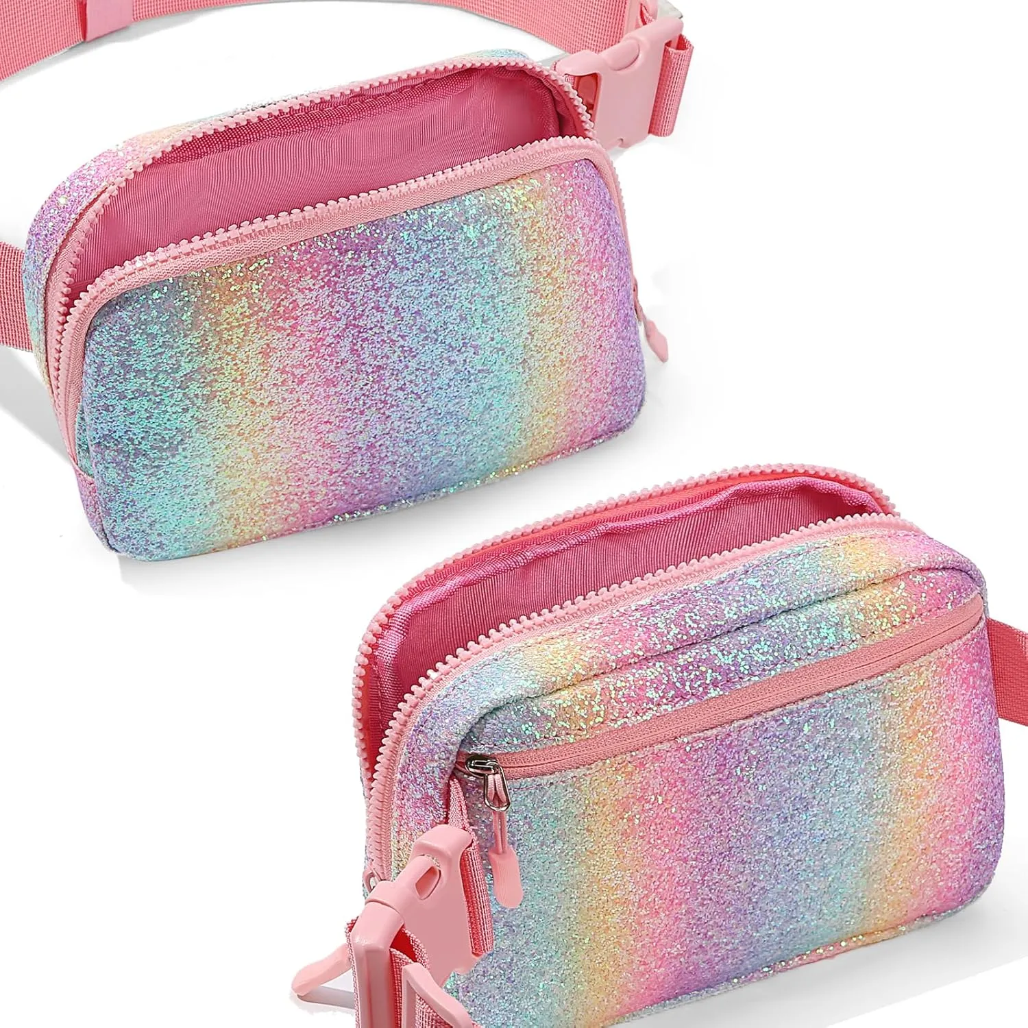 Cute Fanny Pack for Girls, Kids Belt Bag Teen Girls Crossbody Waist Bag Gift (Pink Glitter Rainbow)