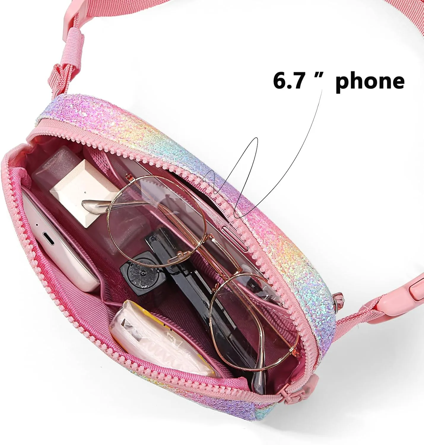 Cute Fanny Pack for Girls, Kids Belt Bag Teen Girls Crossbody Waist Bag Gift (Pink Glitter Rainbow)