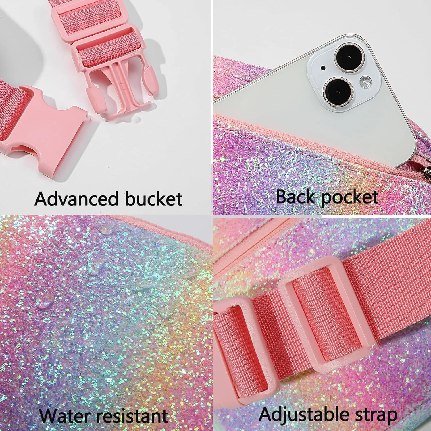 Cute Fanny Pack for Girls, Kids Belt Bag Teen Girls Crossbody Waist Bag Gift (Pink Glitter Rainbow)