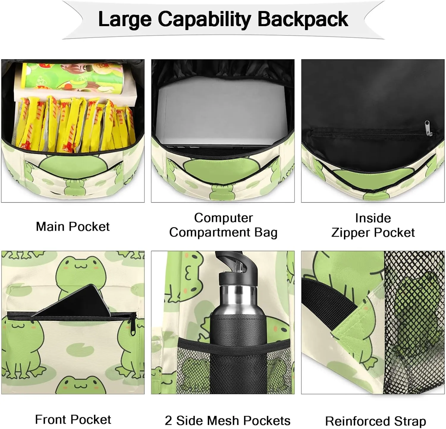 Cute Frog Kid Teens Backpack，Animal 18'' Middle School College Bookbag with Laptop Compartmen，Sturdy Sport Travel Bag Mochila Escolar Para Niños Age 8~14