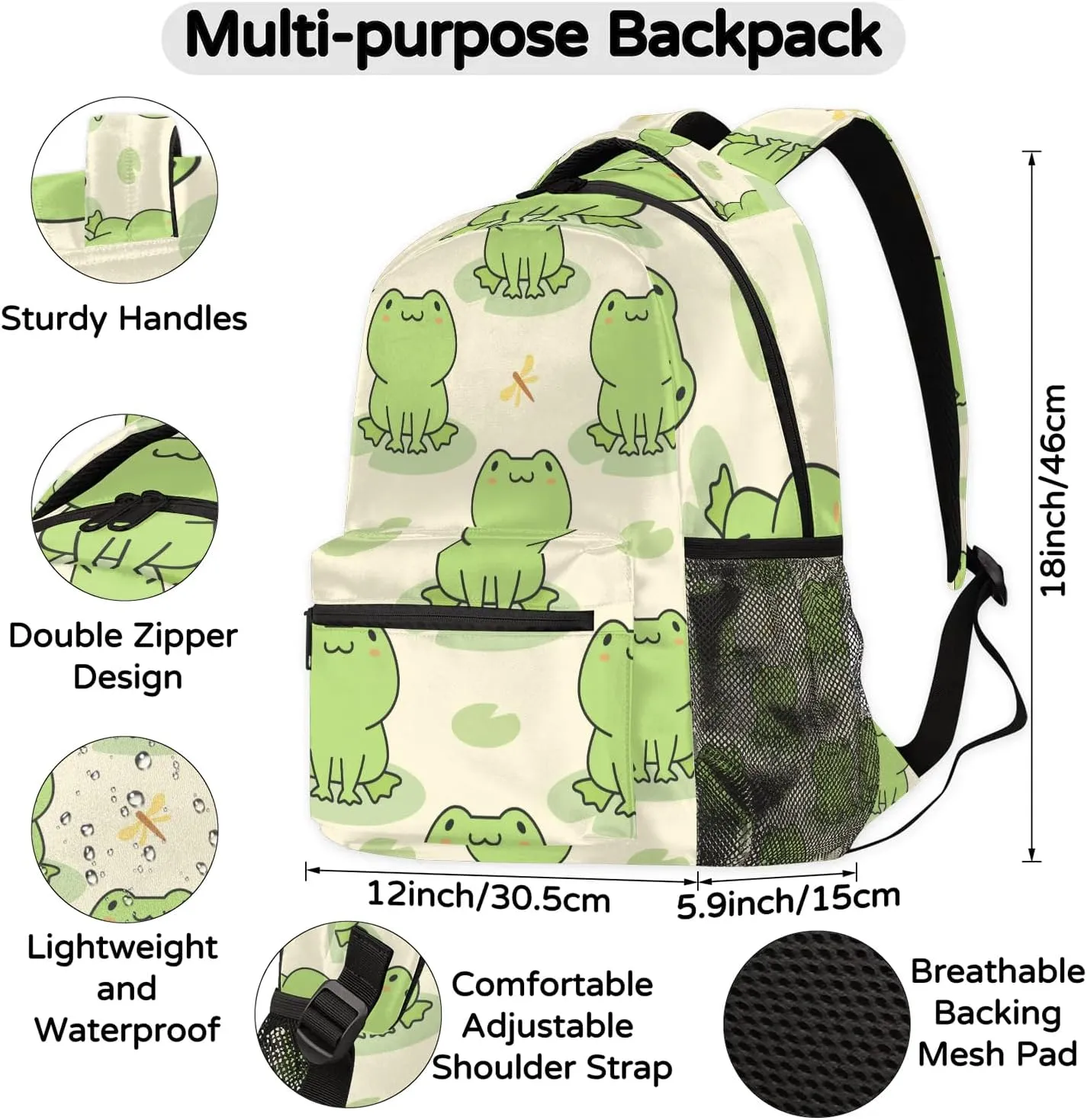 Cute Frog Kid Teens Backpack，Animal 18'' Middle School College Bookbag with Laptop Compartmen，Sturdy Sport Travel Bag Mochila Escolar Para Niños Age 8~14