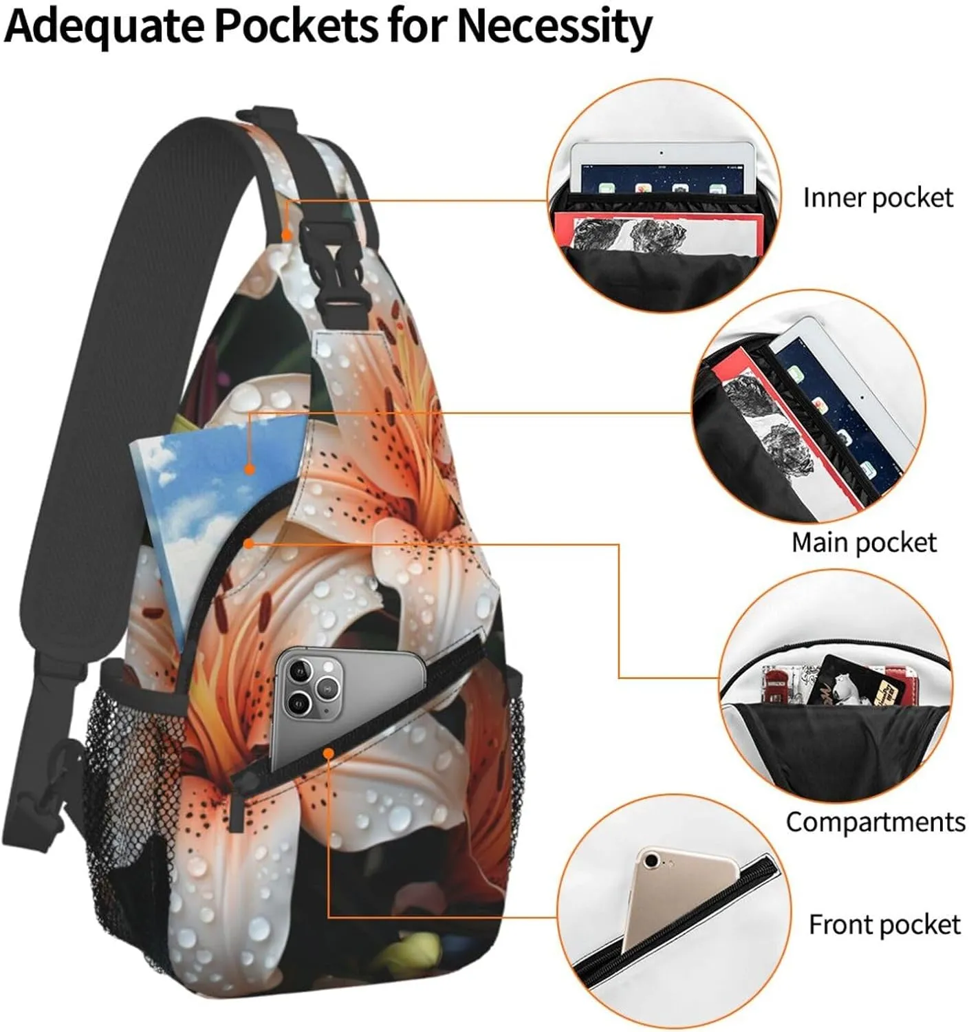 Cute Lily Flower Sling Bag Backpack For Men Cross Chest Bag Crossbody Shoulder Bag Travel Hiking Daypack