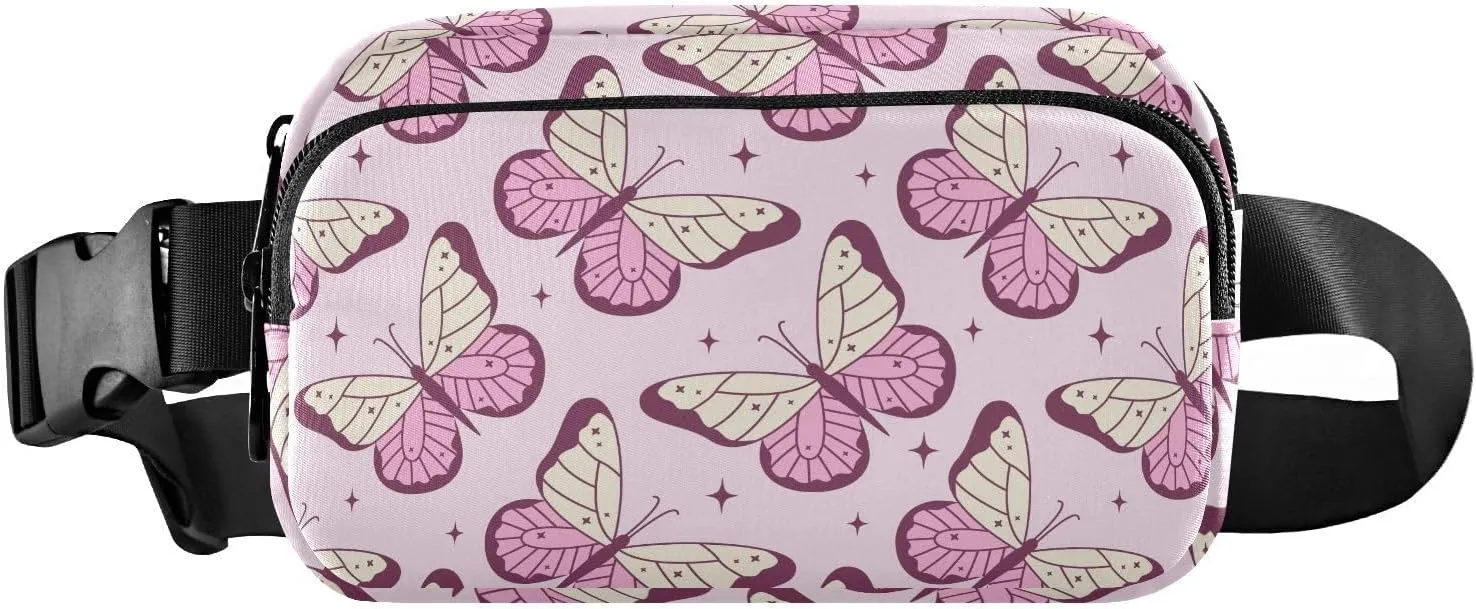 Cute Pink Butterfly Fanny Pack Crossbody Bag for Men Women Belt Bag Bum Bag with Adjustable Strap, Fashion Waist Packs for Travel Running Workout