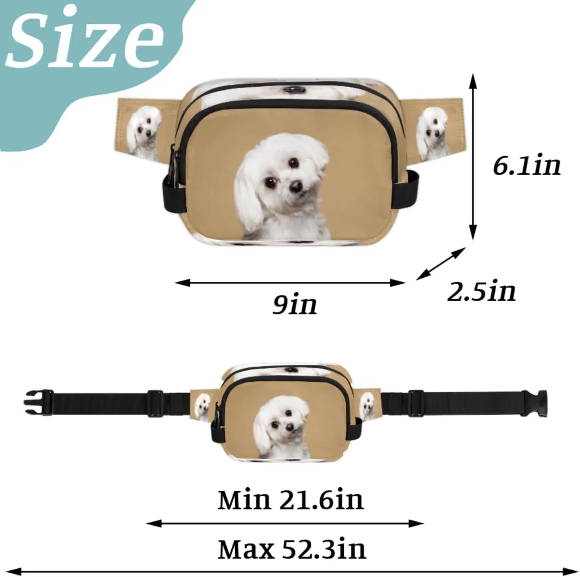 Cute White Dog Durable Waterproof Fanny Pack with Double Zipper Closure - Organize Your Essentials with Ease - Lightweight and Comfortable for Men and Women