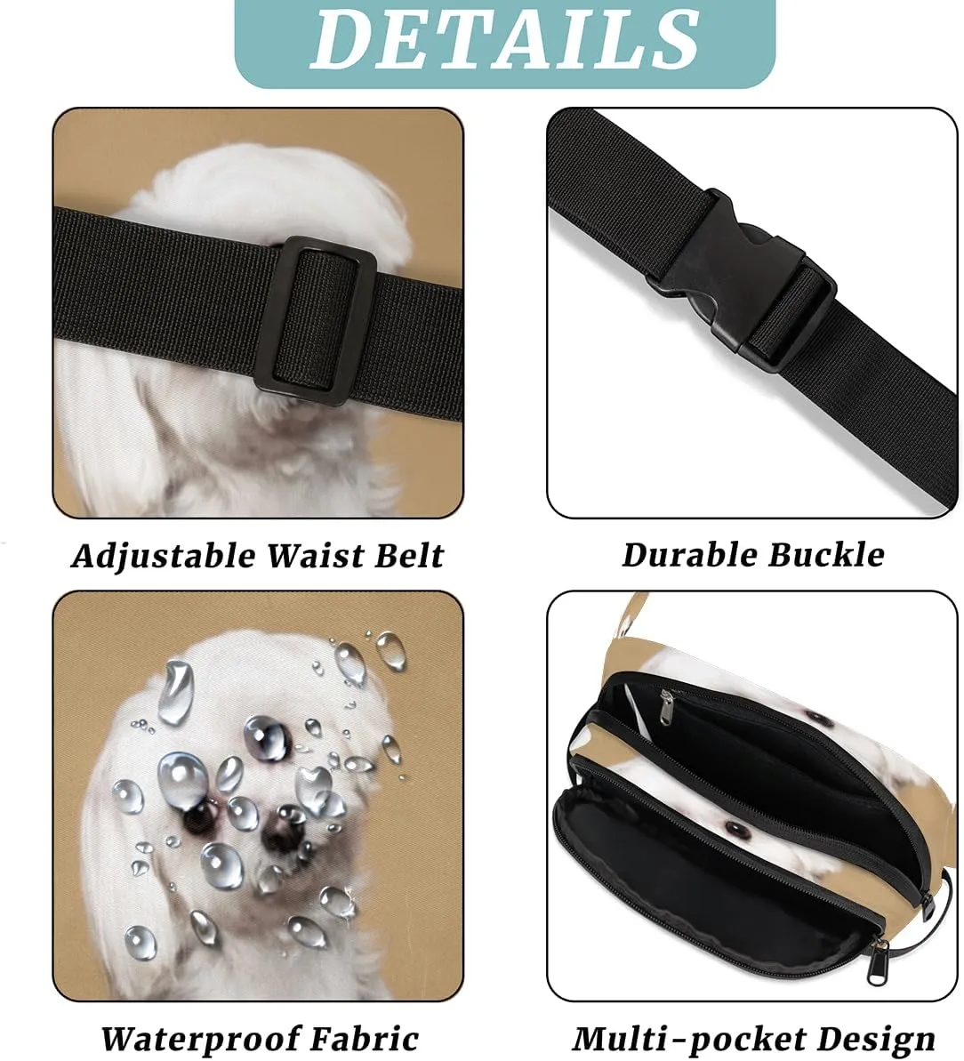 Cute White Dog Durable Waterproof Fanny Pack with Double Zipper Closure - Organize Your Essentials with Ease - Lightweight and Comfortable for Men and Women