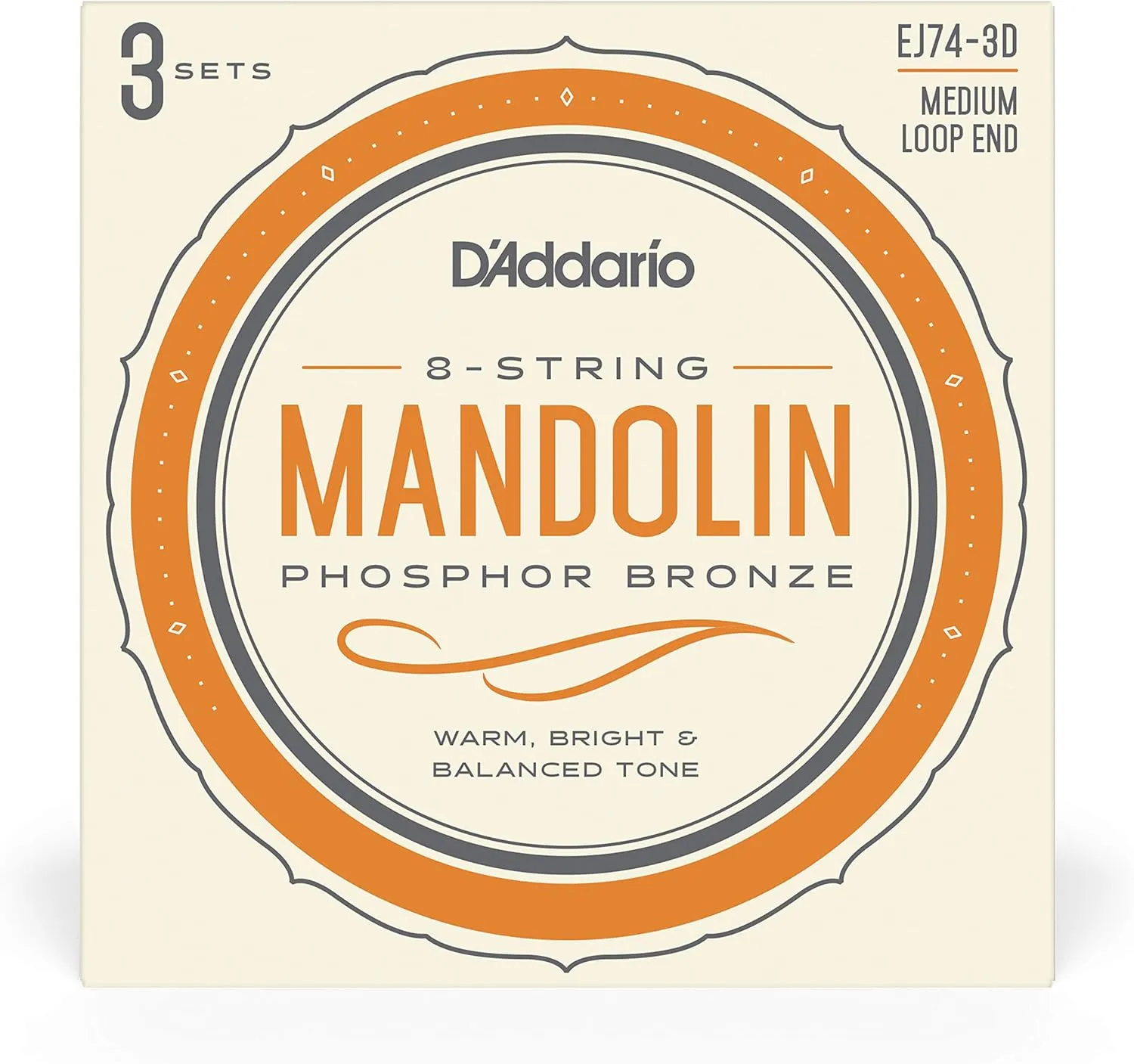 D'Addario Mandolin Strings, Phosphor Bronze, EJ74-3D, Medium Gauge 11-40, 8-String Set, Pack of 3