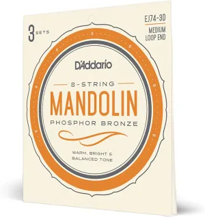 D'Addario Mandolin Strings, Phosphor Bronze, EJ74-3D, Medium Gauge 11-40, 8-String Set, Pack of 3