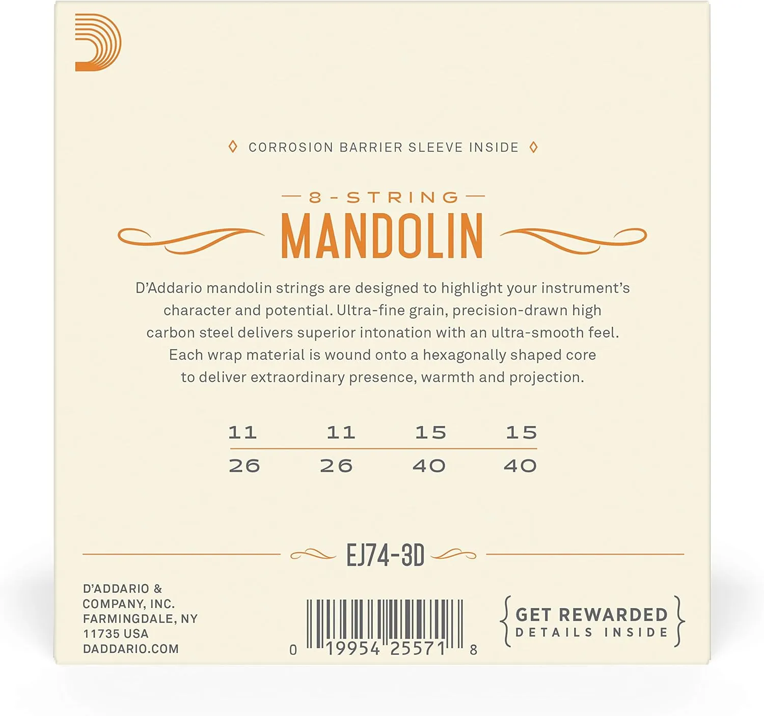 D'Addario Mandolin Strings, Phosphor Bronze, EJ74-3D, Medium Gauge 11-40, 8-String Set, Pack of 3