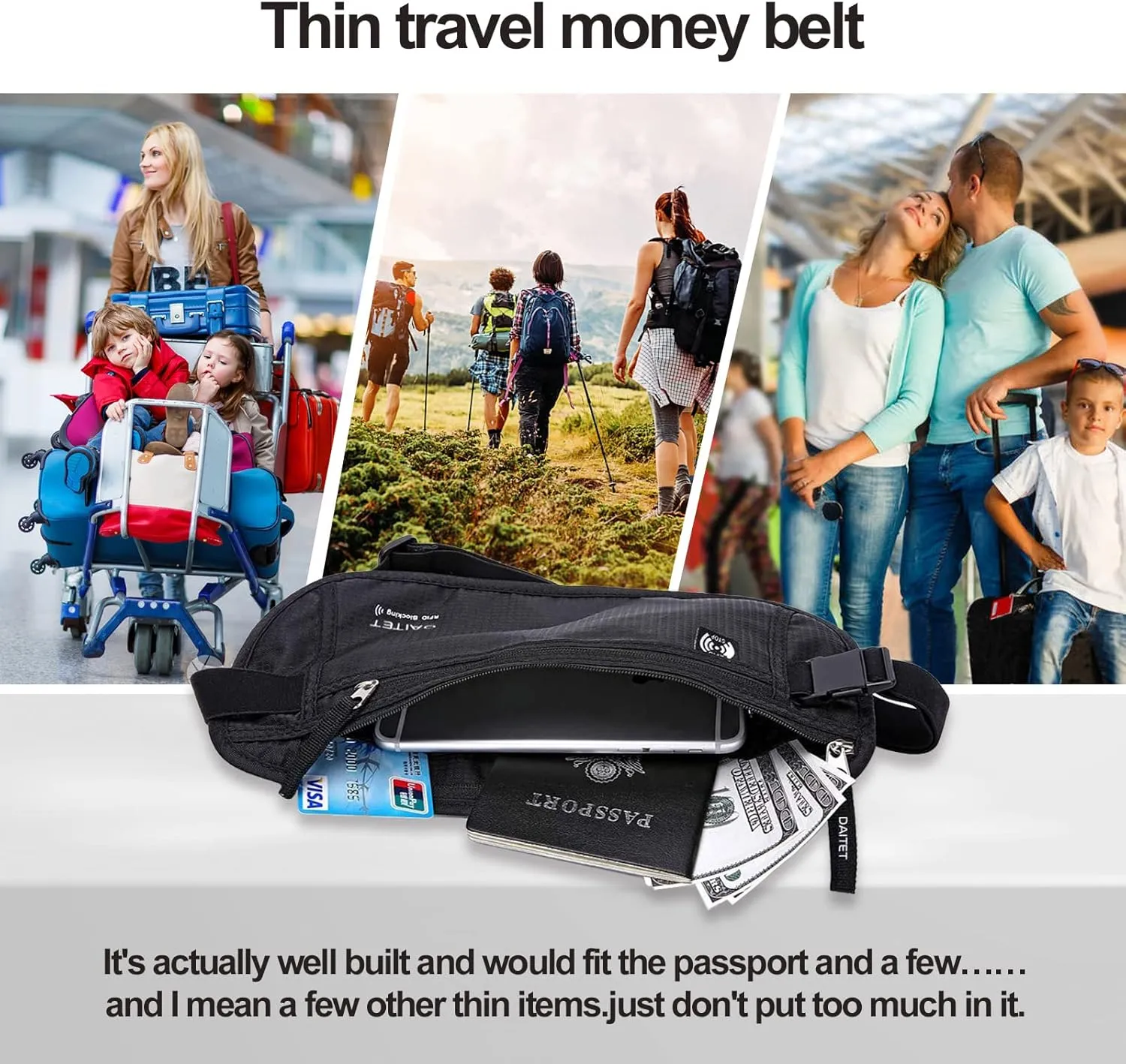 DAITET Money Belt - Passport Holder Secure Hidden Travel Wallet with RFID Blocking, Undercover Fanny Pack (Black)