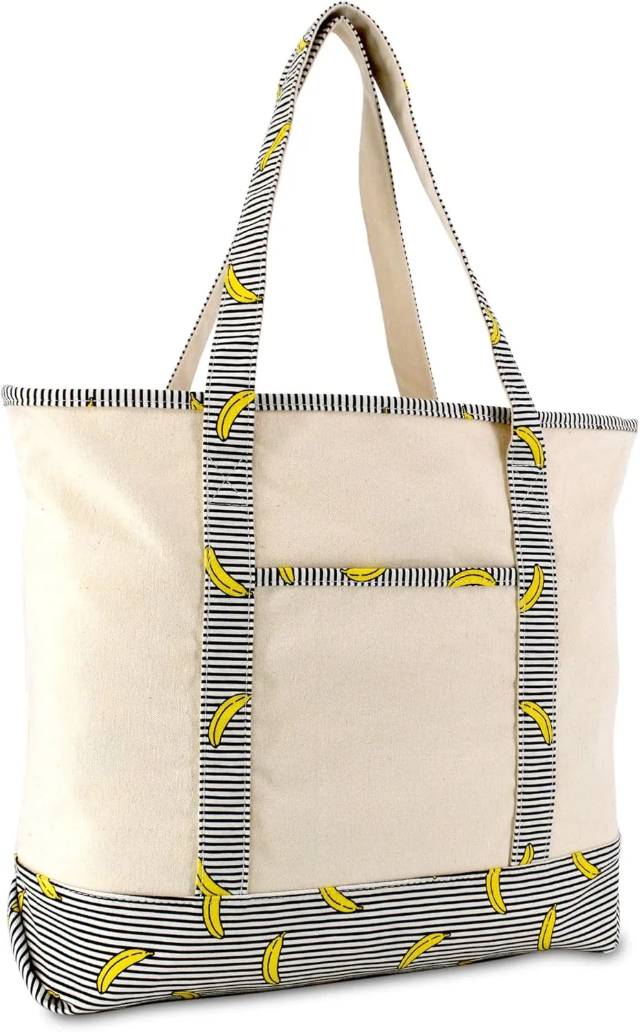DALIX 22" Shopping Tote Bag in Heavy Cotton Canvas (Zippered Top) Striped Banana