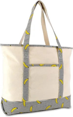 DALIX 22" Shopping Tote Bag in Heavy Cotton Canvas (Zippered Top) Striped Banana