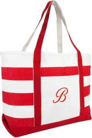 DALIX Beach Tote Bag Shoulder Bags Striped Monogrammed Red Ballent Letter A - Z