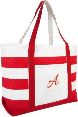 DALIX Beach Tote Bag Shoulder Bags Striped Monogrammed Red Ballent Letter A - Z