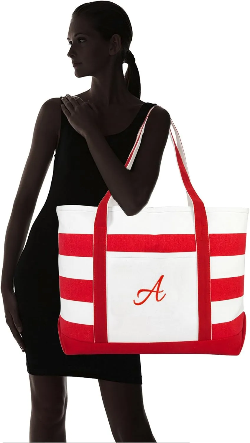 DALIX Beach Tote Bag Shoulder Bags Striped Monogrammed Red Ballent Letter A - Z