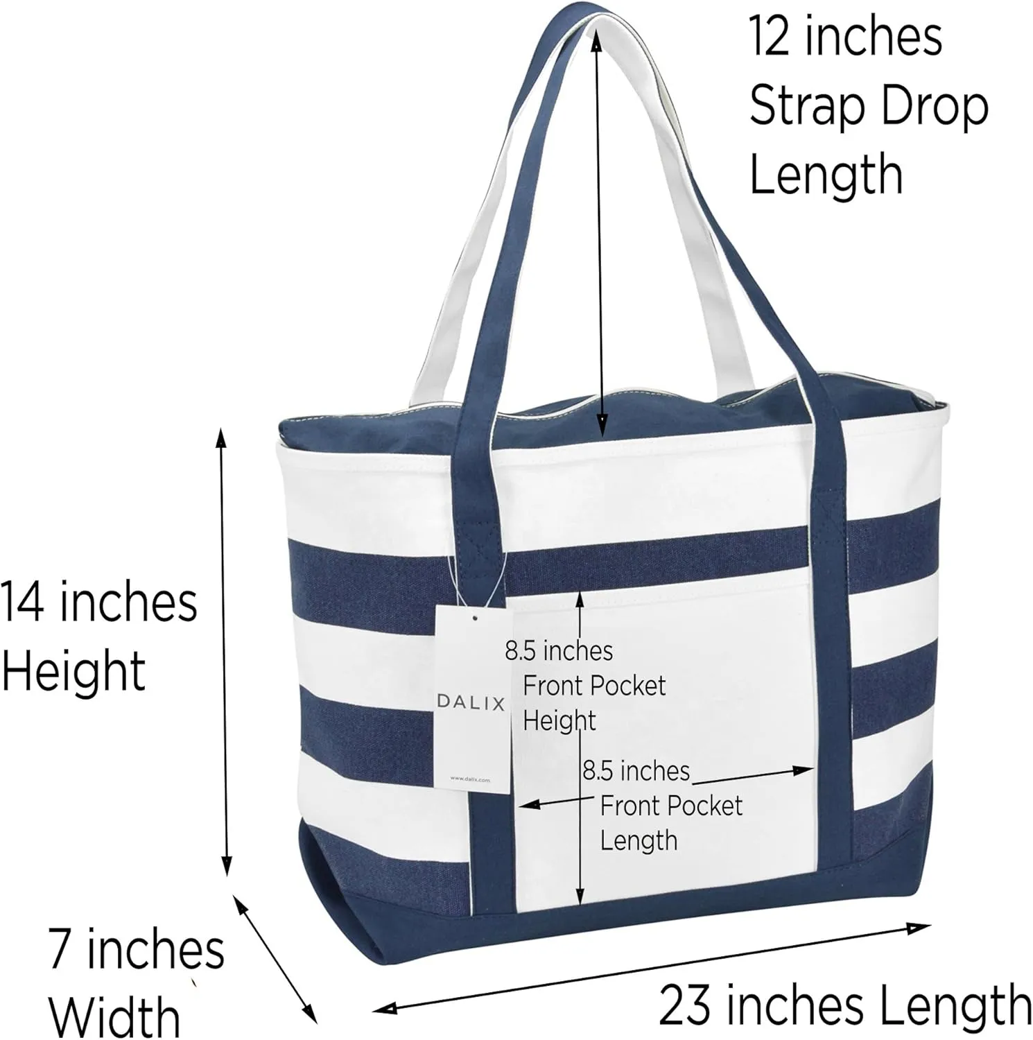 DALIX Premium Beach Bags Striped Navy Blue Zippered Tote Bag Monogrammed A - Z