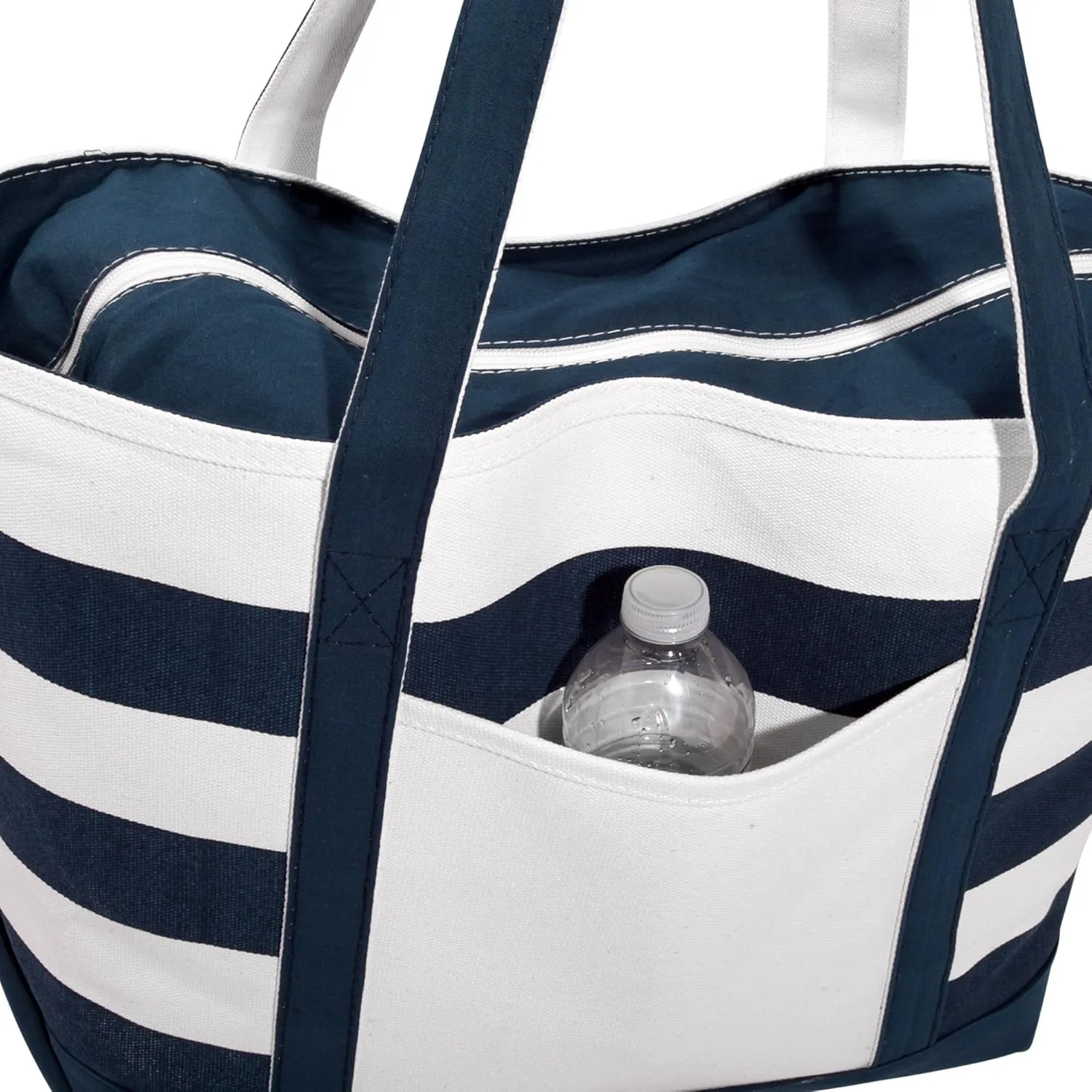 DALIX Premium Beach Bags Striped Navy Blue Zippered Tote Bag Monogrammed A - Z