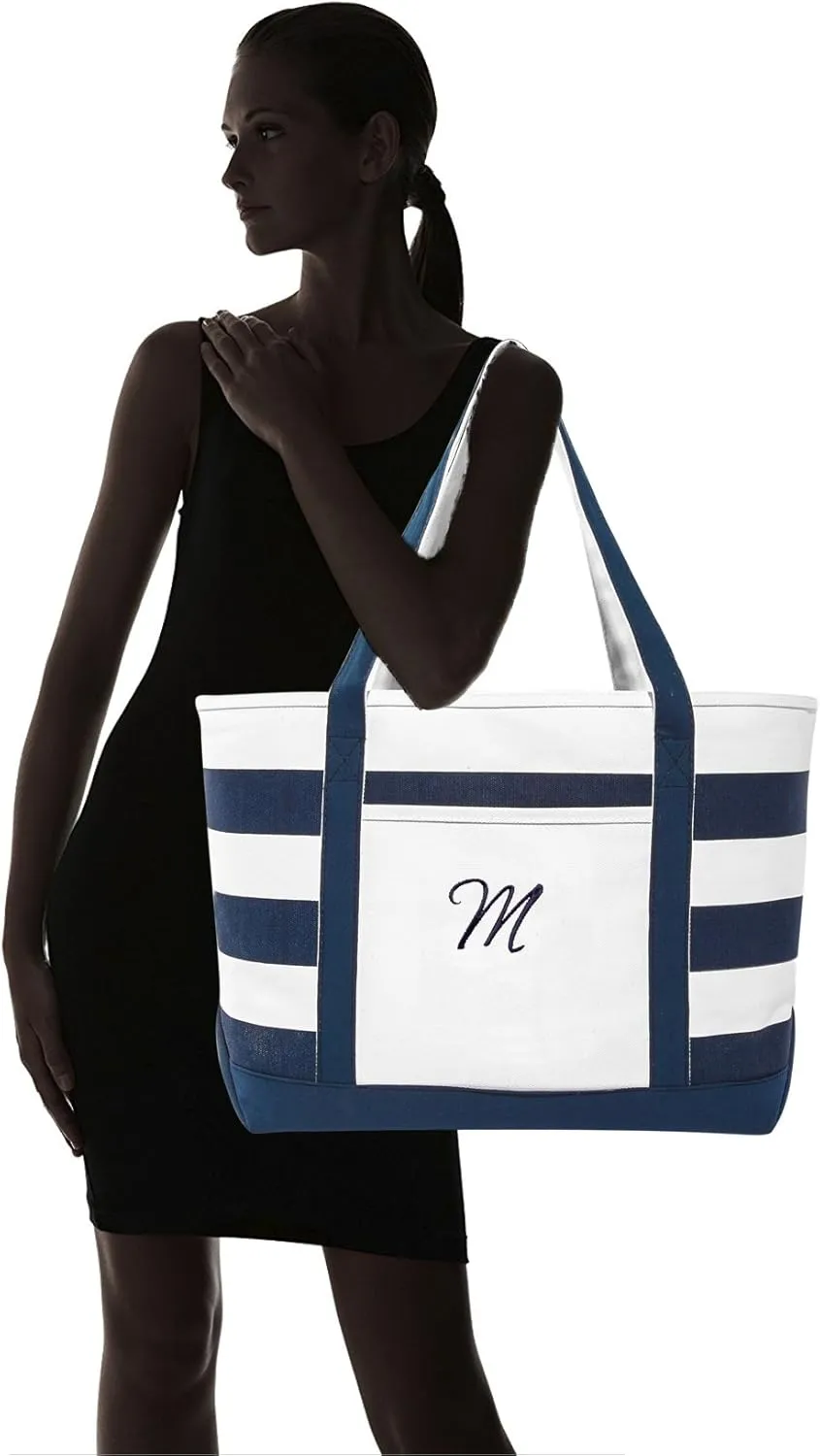 DALIX Premium Beach Bags Striped Navy Blue Zippered Tote Bag Monogrammed A - Z