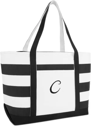 DALIX Striped Beach Bag Tote Bags Canvas Personalized Black Ballent Letter A - Z