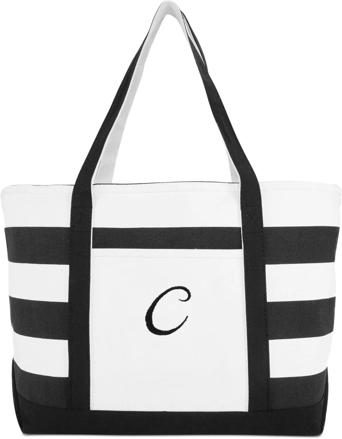 DALIX Striped Beach Bag Tote Bags Canvas Personalized Black Ballent Letter A - Z
