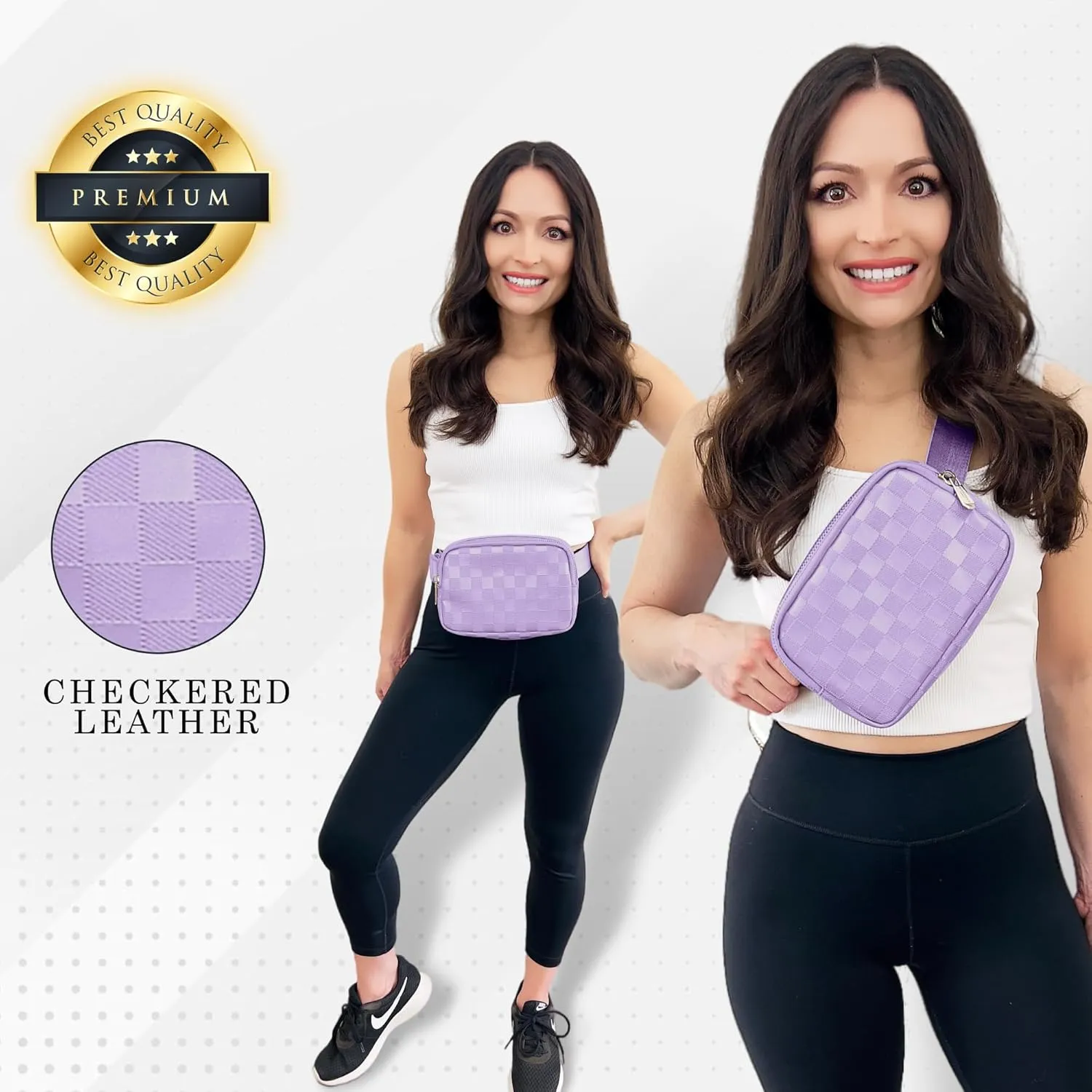 DANCOUR Purple Checkered Belt Bag – Leather Crossbody Fanny Pack for Women, Stylish Waist Bag, Trendy Cross Body Bag, Fashionable Fanny Pack for Travel, Everyday, and On-the-Go Looks