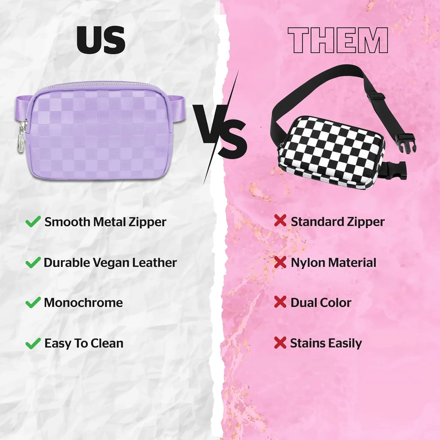 DANCOUR Purple Checkered Belt Bag – Leather Crossbody Fanny Pack for Women, Stylish Waist Bag, Trendy Cross Body Bag, Fashionable Fanny Pack for Travel, Everyday, and On-the-Go Looks