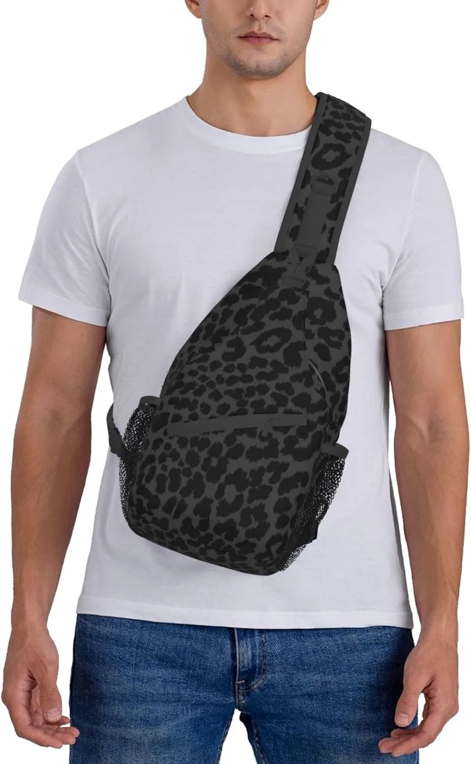 Dark Gray Black Leopard Cheetah Print Sling Bag Water Resistant Crossbody Personal Pocket Bag Lightweight Chest Shoulder Backpack For Travel Hiking