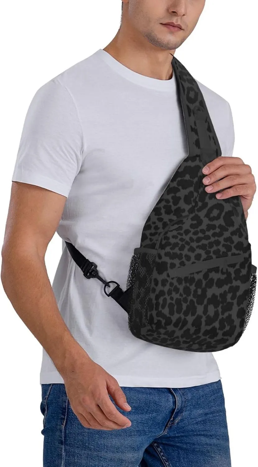 Dark Gray Black Leopard Cheetah Print Sling Bag Water Resistant Crossbody Personal Pocket Bag Lightweight Chest Shoulder Backpack For Travel Hiking