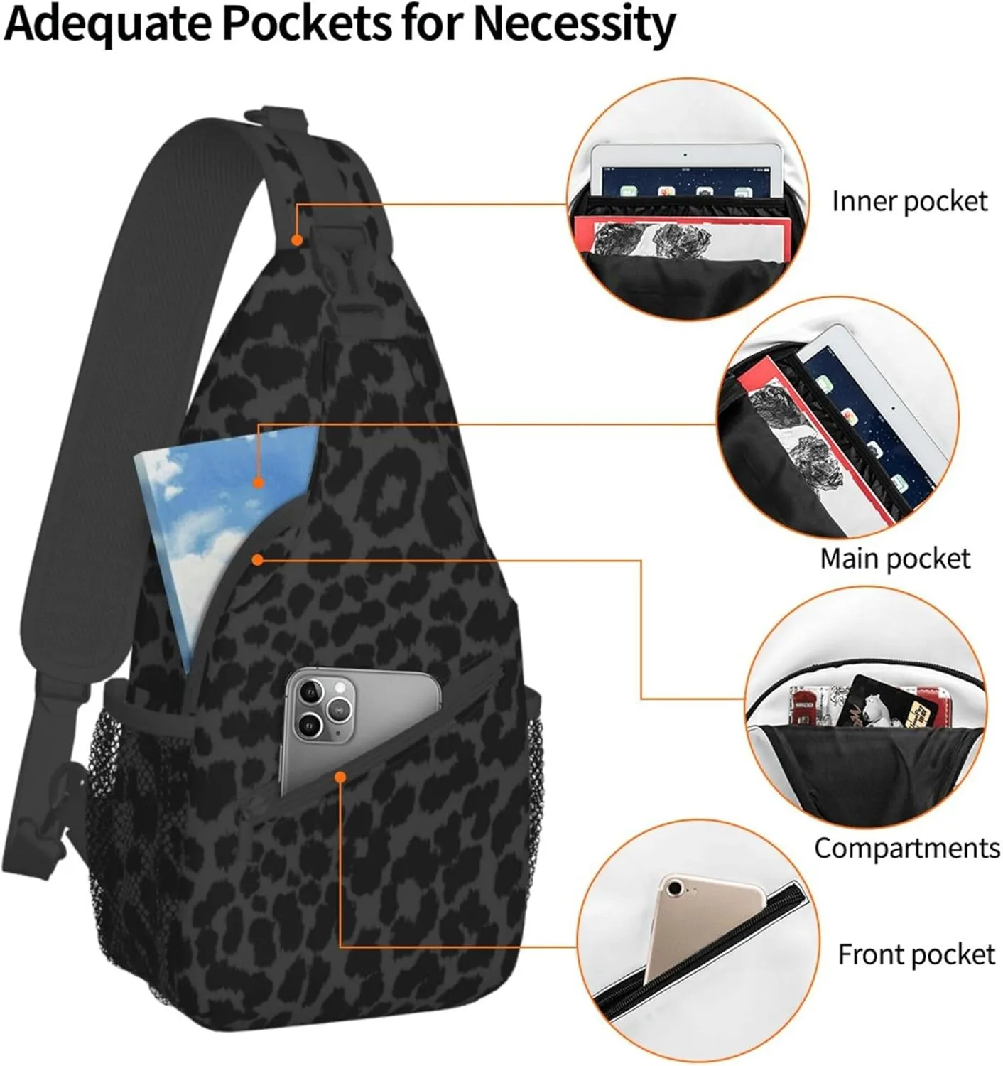 Dark Gray Black Leopard Cheetah Print Sling Bag Water Resistant Crossbody Personal Pocket Bag Lightweight Chest Shoulder Backpack For Travel Hiking