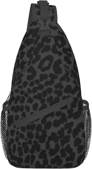 Dark Gray Black Leopard Cheetah Print Sling Bag Water Resistant Crossbody Personal Pocket Bag Lightweight Chest Shoulder Backpack For Travel Hiking