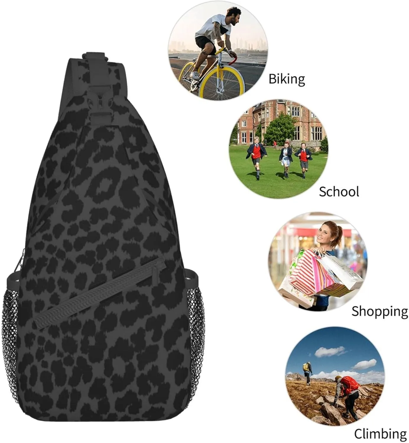 Dark Gray Black Leopard Cheetah Print Sling Bag Water Resistant Crossbody Personal Pocket Bag Lightweight Chest Shoulder Backpack For Travel Hiking