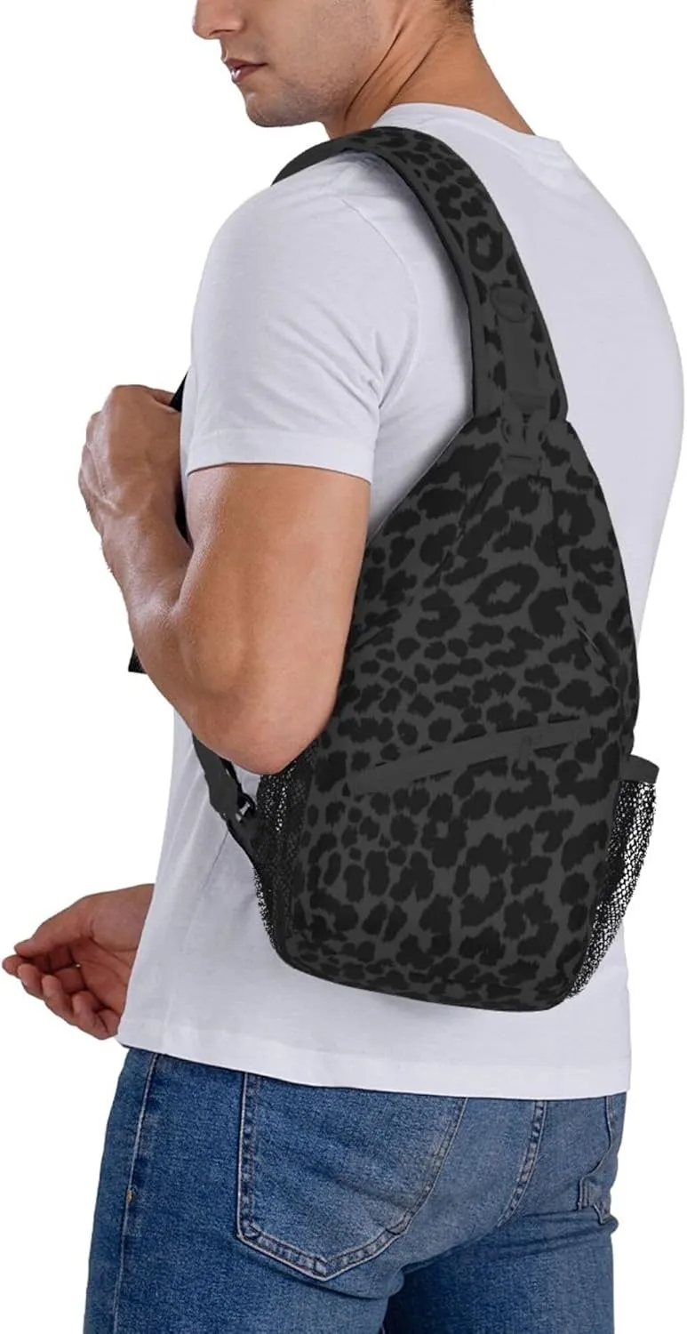 Dark Gray Black Leopard Cheetah Print Sling Bag Water Resistant Crossbody Personal Pocket Bag Lightweight Chest Shoulder Backpack For Travel Hiking