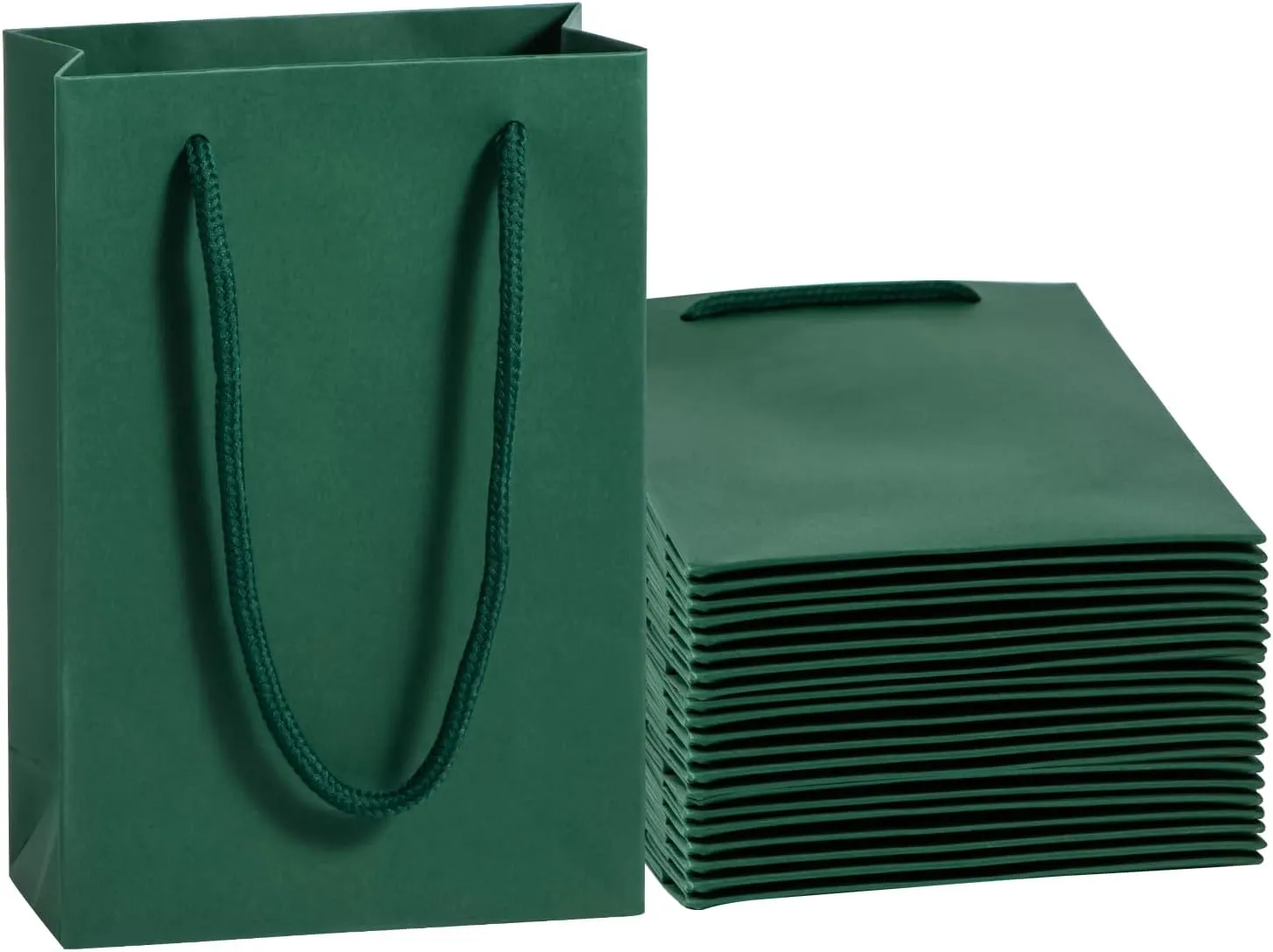 Dark Green Gift Bags 50 Pack, Sdootjewelry Small Green Gift Bags, 5.1” x 2.4” x 7.5” Small Gift Bags Paper Bags with Handles, Deep Green Mini Gift Bags, Shopping Bags for Small Business, Retail and Shopping