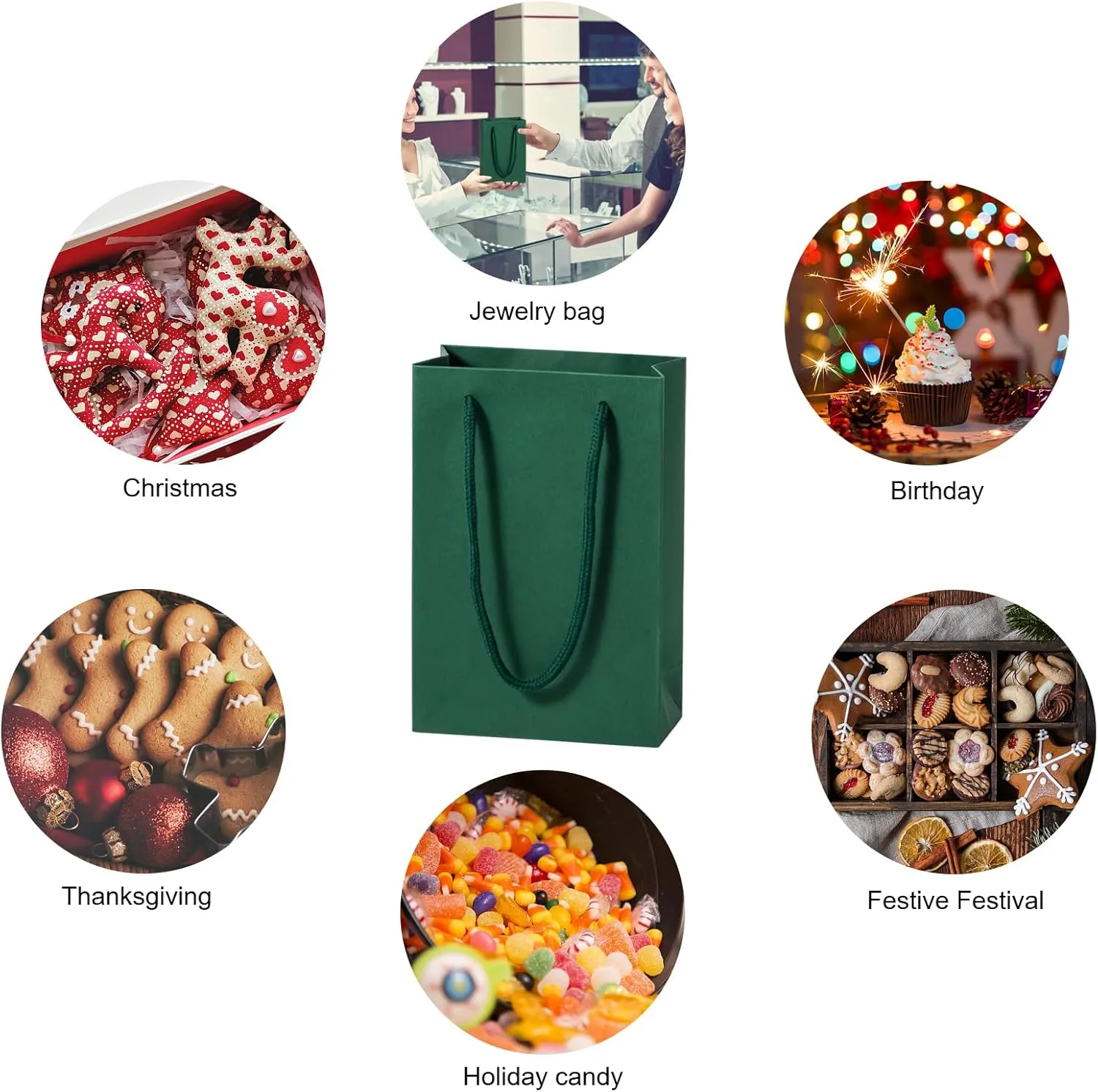 Dark Green Gift Bags 50 Pack, Sdootjewelry Small Green Gift Bags, 5.1” x 2.4” x 7.5” Small Gift Bags Paper Bags with Handles, Deep Green Mini Gift Bags, Shopping Bags for Small Business, Retail and Shopping