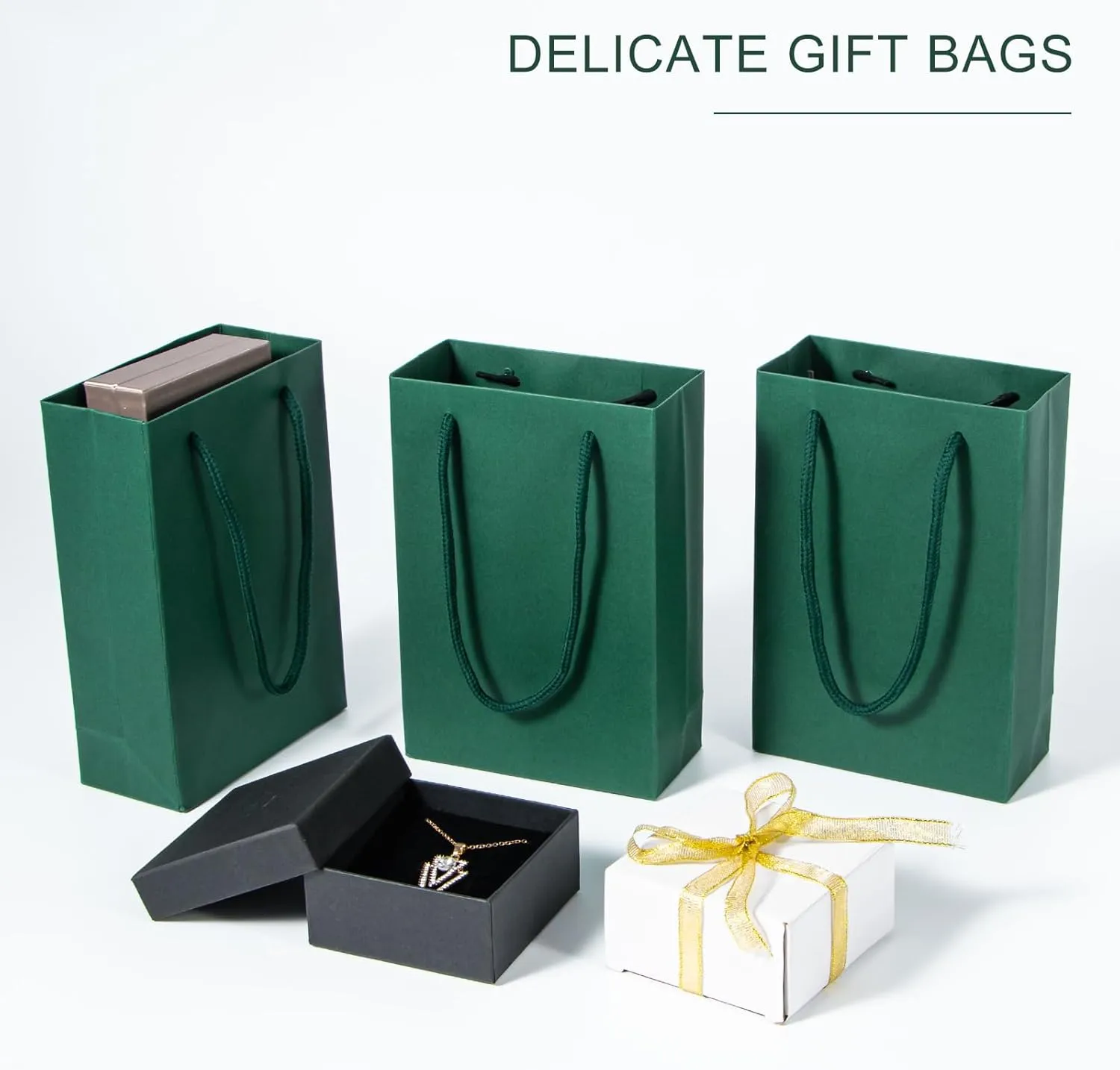 Dark Green Gift Bags 50 Pack, Sdootjewelry Small Green Gift Bags, 5.1” x 2.4” x 7.5” Small Gift Bags Paper Bags with Handles, Deep Green Mini Gift Bags, Shopping Bags for Small Business, Retail and Shopping