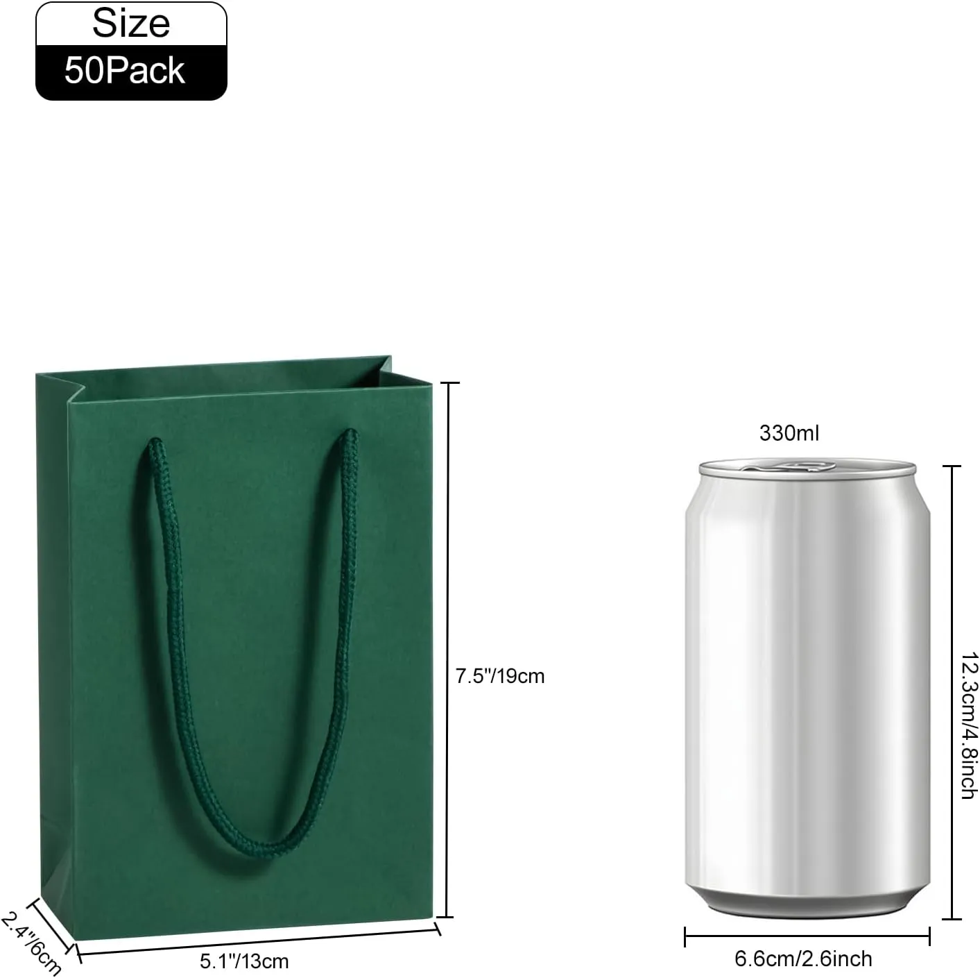 Dark Green Gift Bags 50 Pack, Sdootjewelry Small Green Gift Bags, 5.1” x 2.4” x 7.5” Small Gift Bags Paper Bags with Handles, Deep Green Mini Gift Bags, Shopping Bags for Small Business, Retail and Shopping
