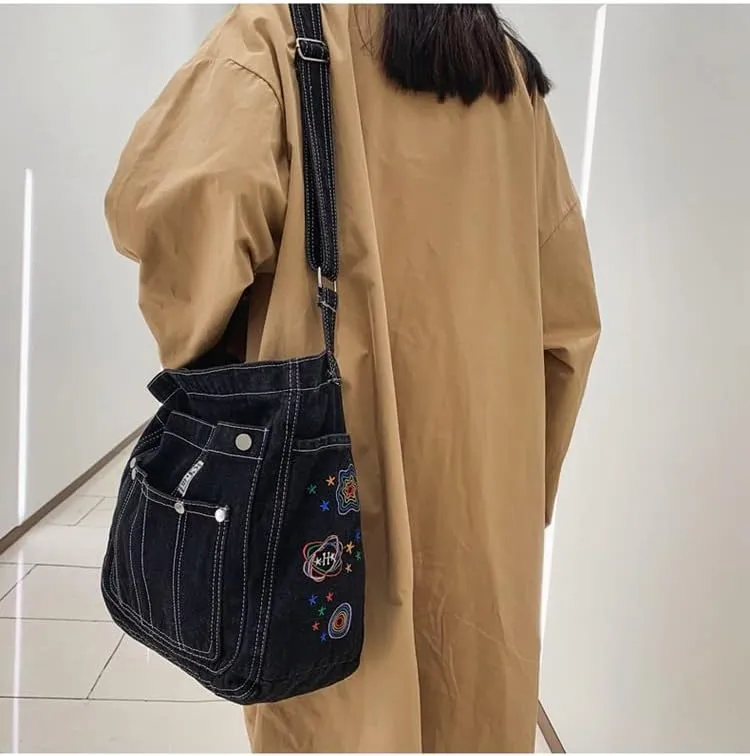 Demin Purse Handbag for Women Hippie Tote Bag Downtown Girl Aesthetic Crossbody Shoulder Bags Grunge Alt Accessories (Blue,Large)