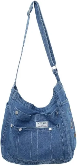 Demin Purse Handbag for Women Hippie Tote Bag Downtown Girl Aesthetic Crossbody Shoulder Bags Grunge Alt Accessories (Blue,Large)