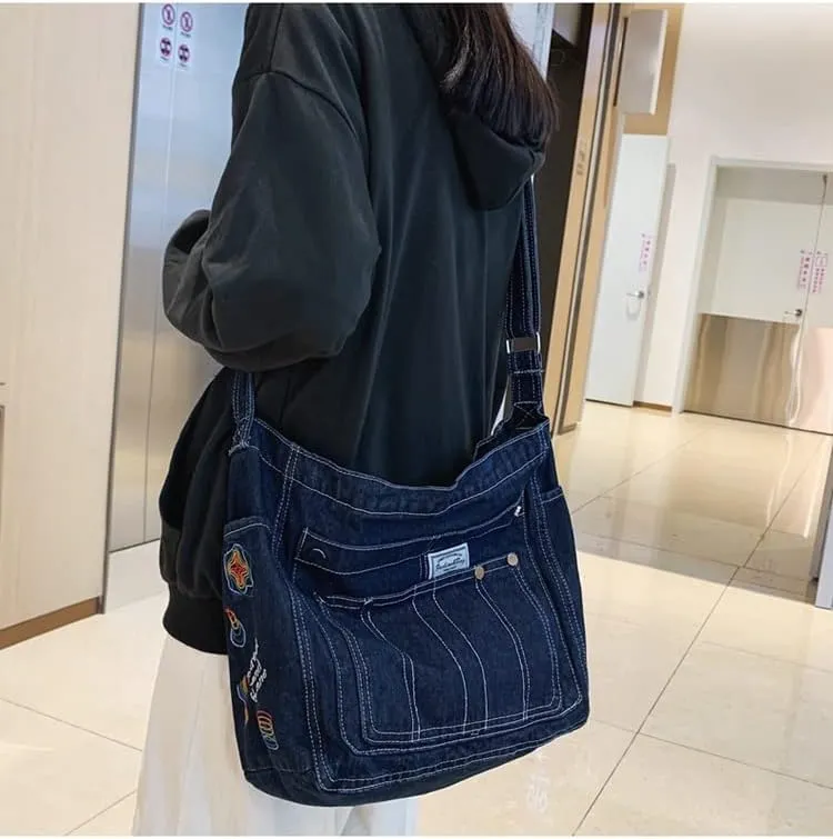 Demin Purse Handbag for Women Hippie Tote Bag Downtown Girl Aesthetic Crossbody Shoulder Bags Grunge Alt Accessories (Blue,Large)