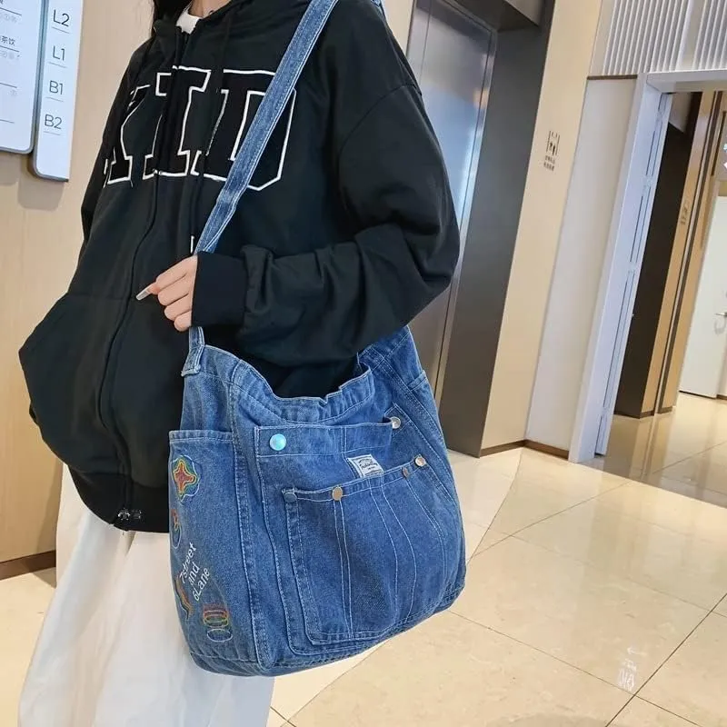 Demin Purse Handbag for Women Hippie Tote Bag Downtown Girl Aesthetic Crossbody Shoulder Bags Grunge Alt Accessories (Blue,Large)