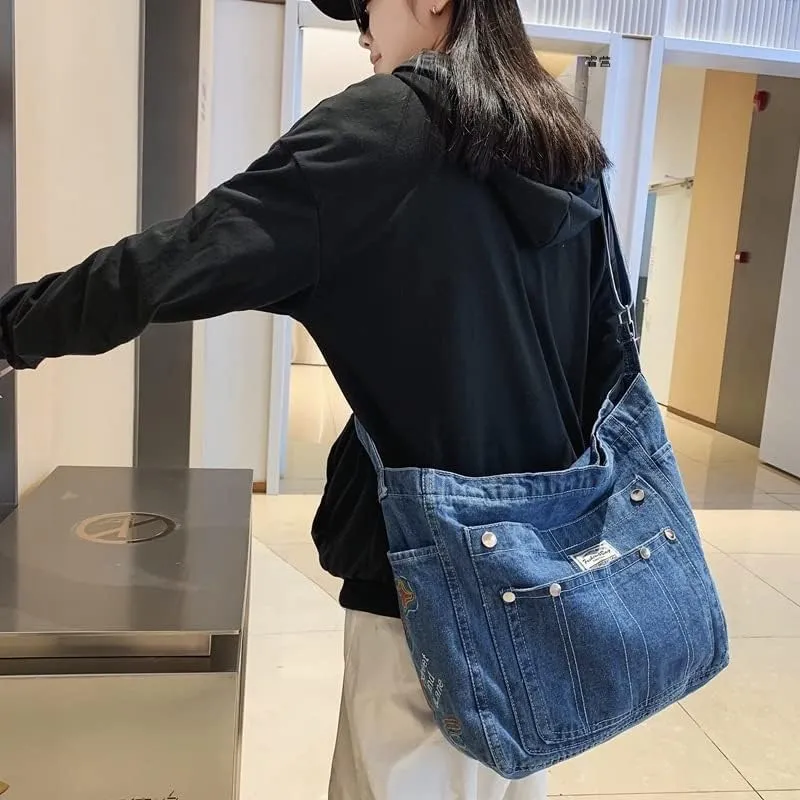 Demin Purse Handbag for Women Hippie Tote Bag Downtown Girl Aesthetic Crossbody Shoulder Bags Grunge Alt Accessories (Blue,Large)