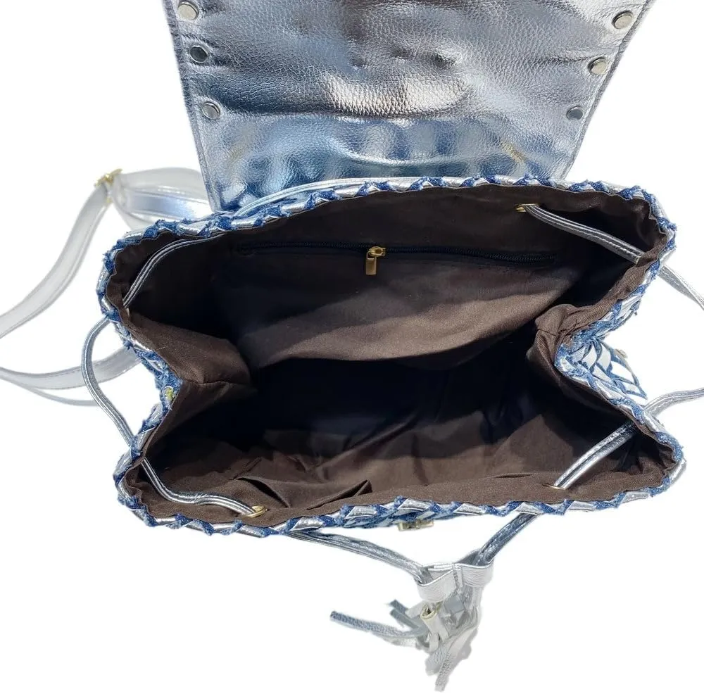 Denim Bag Jeans Tote Bag Fashion Women Handbag Multifunctional Backpack Shoulder Bag Bling Diamond and Tassel (Silver)